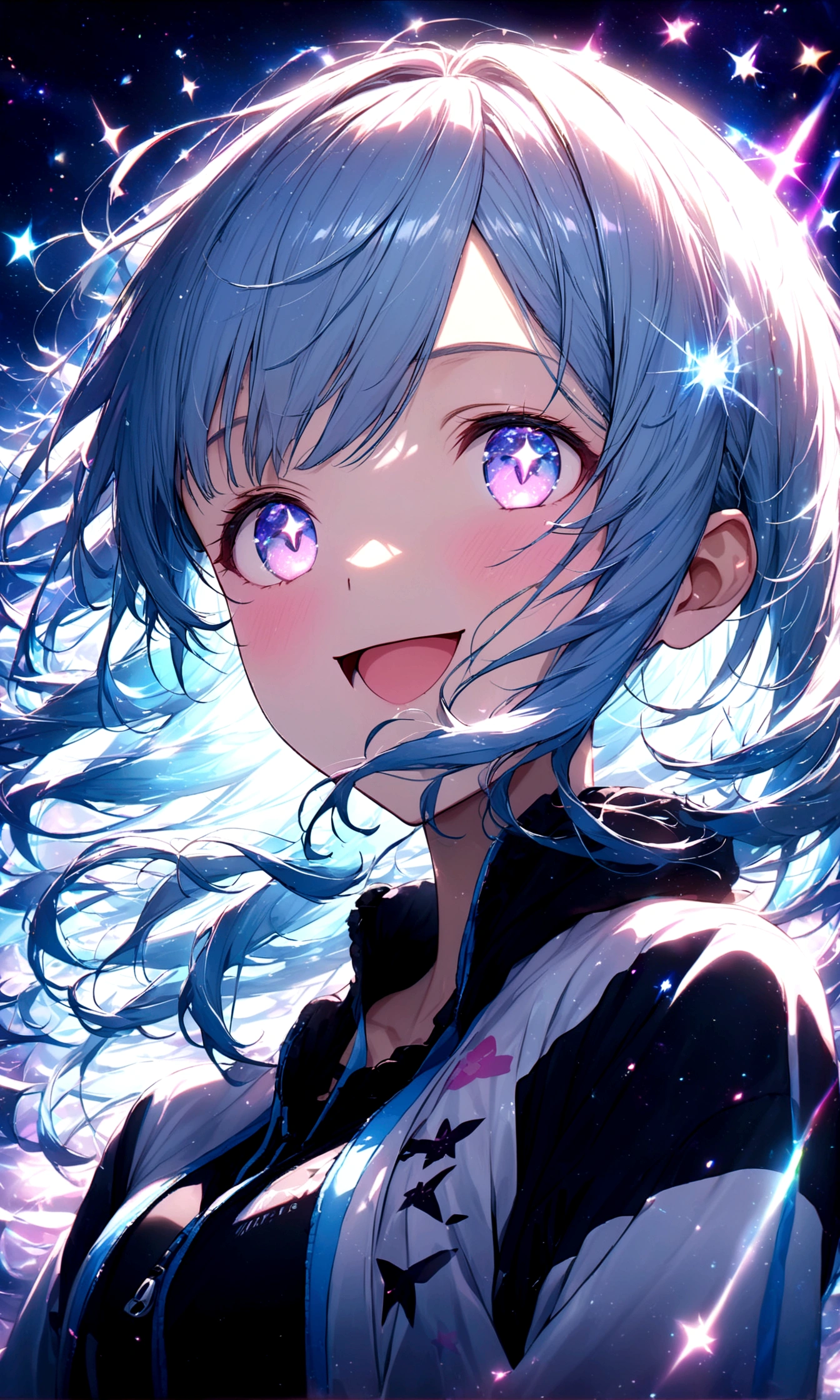 anime gile portrait,kawaii,fantastic style,one beautiful girl with starry eyes,Mint blue hair, long straight, lilac eyes, smile, sportswear, surrounded by stars, eyes sparkling like stars,best quality,ultra detailed,ultra high definition,high resolution,16k,ultra vibrant,natural light,starlight,soft light,Glowing Aura,the surroundings are shining