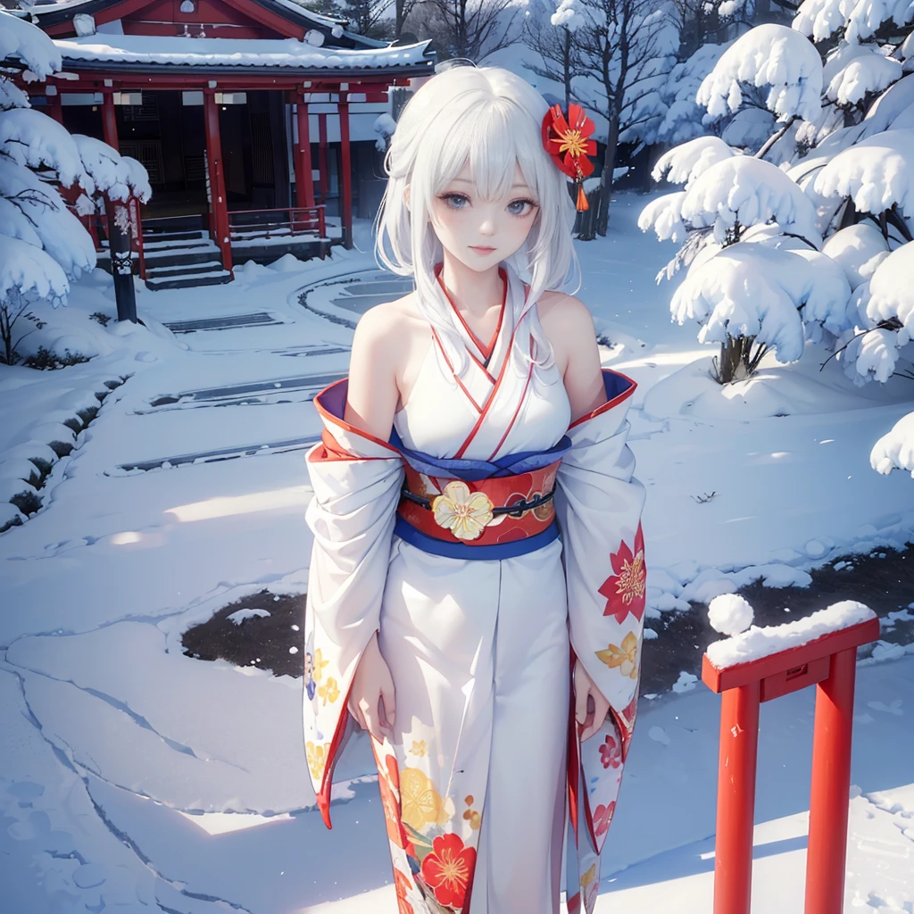 best quality, masterpiece,
Three Japanese high-school short girls with cute style,
looking straight ahead and striking a gutsy pose are standing (separately:1.4), side by side,
wearing a striking(yellow, red, blue, green) kimono with a flower motif,
(A kimono with floral patterns, particularly on the shoulders and chest:1.7)
(High-school-girls with a white short scarf, a white feather shawl around her neck:1.5),
(High-school-girls who are almost the same height:1.7),
(Japanese kimono:1.7),(innocent and pure high-school short girls:1.7),
((too much smile)), very cute, face, head and waist fully visible,
upper arms hidden by clothes and hair,
(only one well-shaped beautiful mount Fuji is completely covered with white snow from top to bottom:1.5),
(vermilion shrine entrance:1.2), very thick and large pine trees, winter(season),
Snow is accumulating on the roof and pine trees. ,(outdoors:1.5),