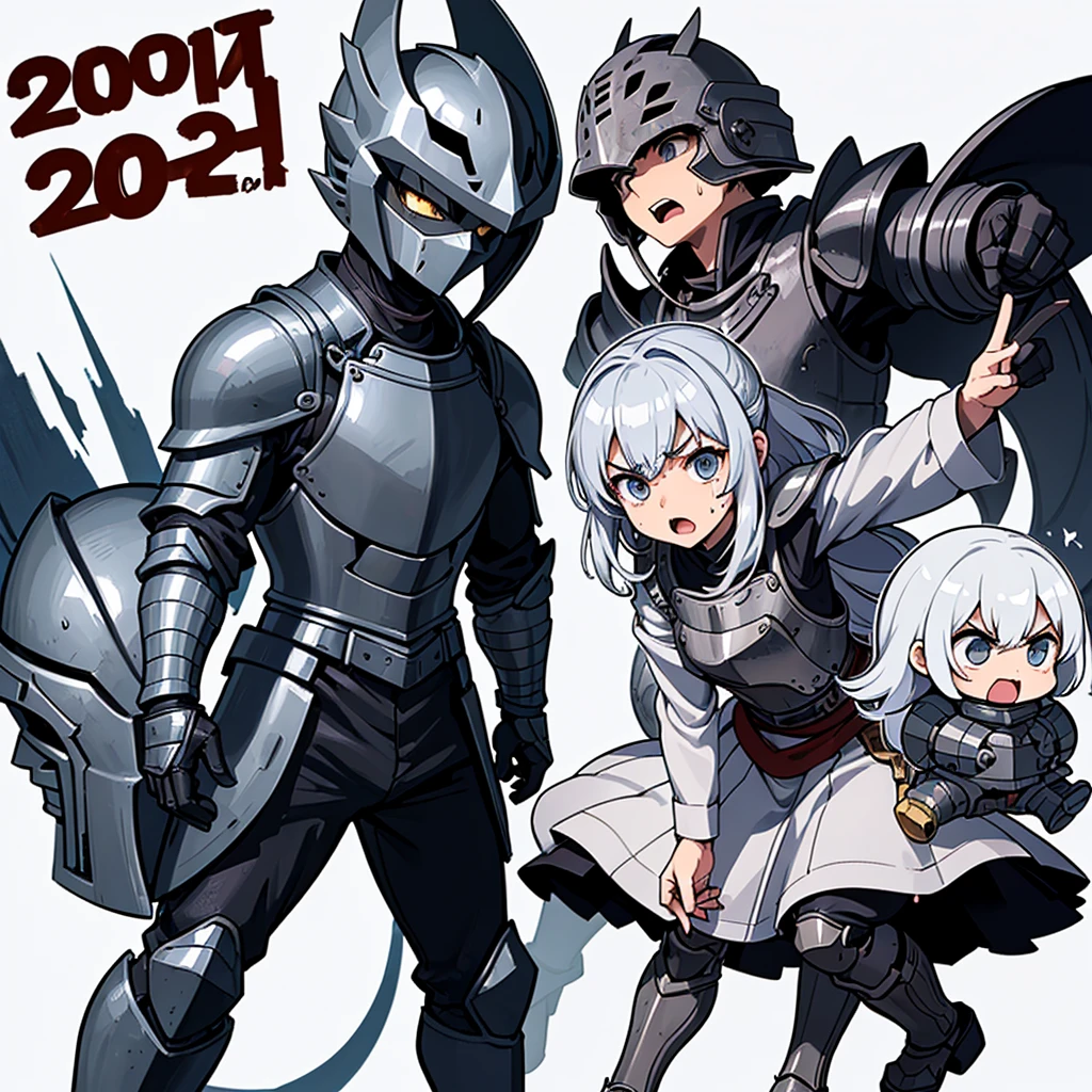 (Chibi Character)、((Full body character concept, Detailed character design))、Highest quality, Best Quality,Best illustrations、(((Iron Helmet))),Medieval Armor、Medieval Knight、Full grey armor、(((20-year-old male)))、Dramatic Angle、(battle)、battlefield、Movement angle、Grab the sword、wasteland、(Fighting stance)、Run、(((White background)))、(20 people、multiple)、early、(get annoyed、Open your mouth、Sweat)