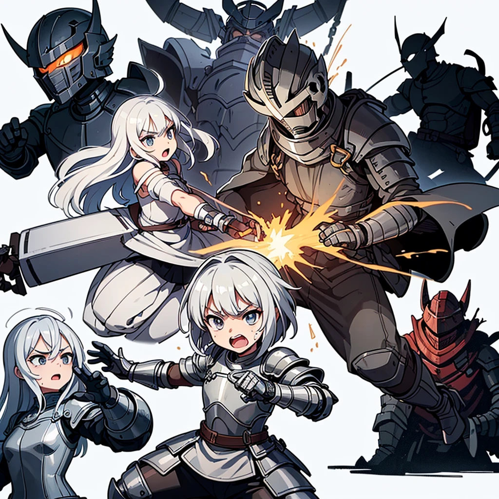 (Chibi Character)、((Full body character concept, Detailed character design))、Highest quality, Best Quality,Best illustrations、(((Iron Helmet))),Medieval Armor、Medieval Knight、Full grey armor、(((20-year-old male)))、Dramatic Angle、(battle)、battlefield、Movement angle、Grab the sword、wasteland、(Fighting stance)、Run、(((White background)))、(20 people、multiple)、early、(get annoyed、Open your mouth、Sweat)