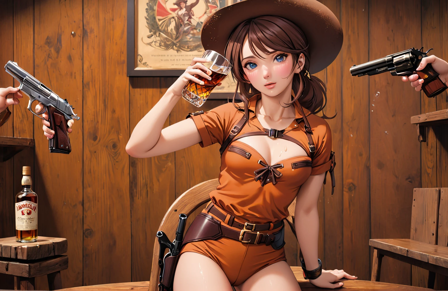 (((1 person:2.0))),(((NSFW:1.5))),(((wearing a bikini:1.5))),(((Brown swimsuit:1.5)))(((Wearing a gun belt with a holster:1.8))),,((Wear a wrist watch:1.5))),(((Showing cleavage))),(((Exposed thin inner thighs))),(((Small breasts:1.5))),(((Bare arms))),(((Wearing boots:1.5))),((Blushed face:1.8)), Beautiful detailed girl, Very detailed目と顔, 緻密でBeautiful Eyes, Very detailed, High resolution, Highest quality, masterpiece, Very detailed, 8k wallpaper, wonderful, finely, Highest quality,(Standing in front of a wooden wall),Beautiful Eyes,((Engage your audience:1.5)),((Cowboy Shot:1.5))),((Front shot:1.2)),((Put your right hand on your chest:1.5)),((Drinking whiskey:1.4)),(((Drunk,Cry loudly:1.8))),(((Straddling a chair:1.2)))