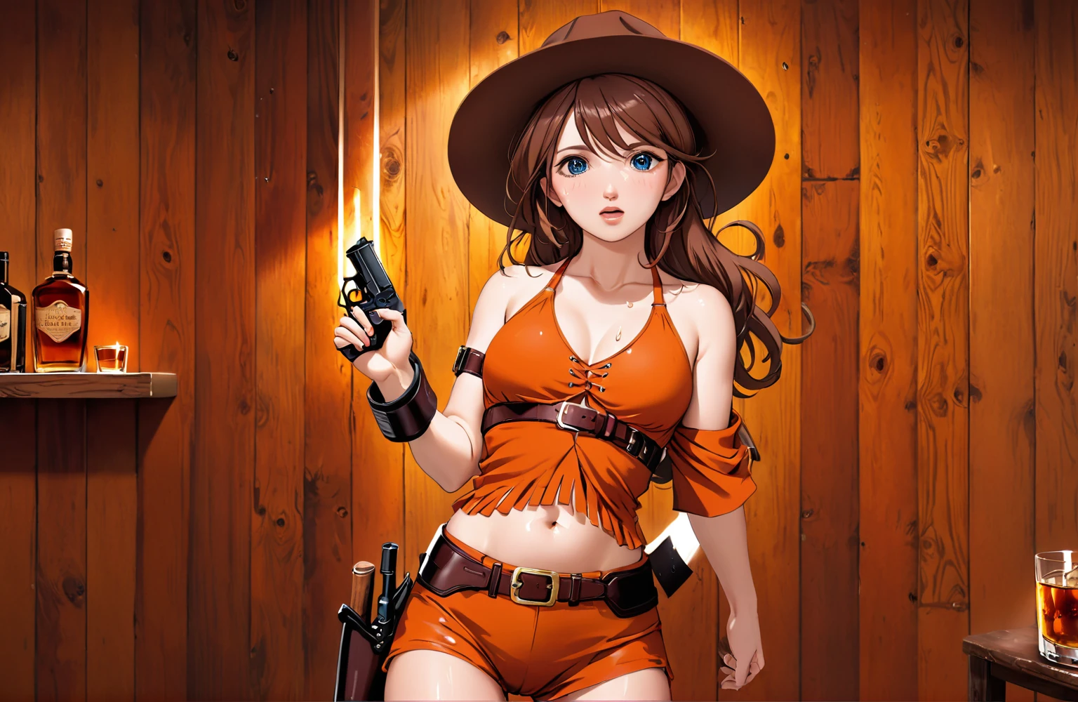 (((1 person:2.0))),(((NSFW:1.5))),(((wearing a bikini:1.5))),(((Brown swimsuit:1.5)))(((Wearing a gun belt with a holster:1.8))),,((Wear a wrist watch:1.5))),(((Showing cleavage))),(((Exposed thin inner thighs))),(((Small breasts:1.5))),(((Bare arms))),(((Wearing boots:1.5))),((Blushed face:1.8)), Beautiful detailed girl, Very detailed目と顔, 緻密でBeautiful Eyes, Very detailed, High resolution, Highest quality, masterpiece, Very detailed, 8k wallpaper, wonderful, finely, Highest quality,(Standing in front of a wooden wall),Beautiful Eyes,((Engage your audience:1.5)),((Cowboy Shot:1.5))),((Front shot:1.2)),((Put your right hand on your chest:1.5)),((Drinking whiskey:1.4)),(((Drunk,Cry loudly:1.8))),(((Straddling a chair:1.2)))