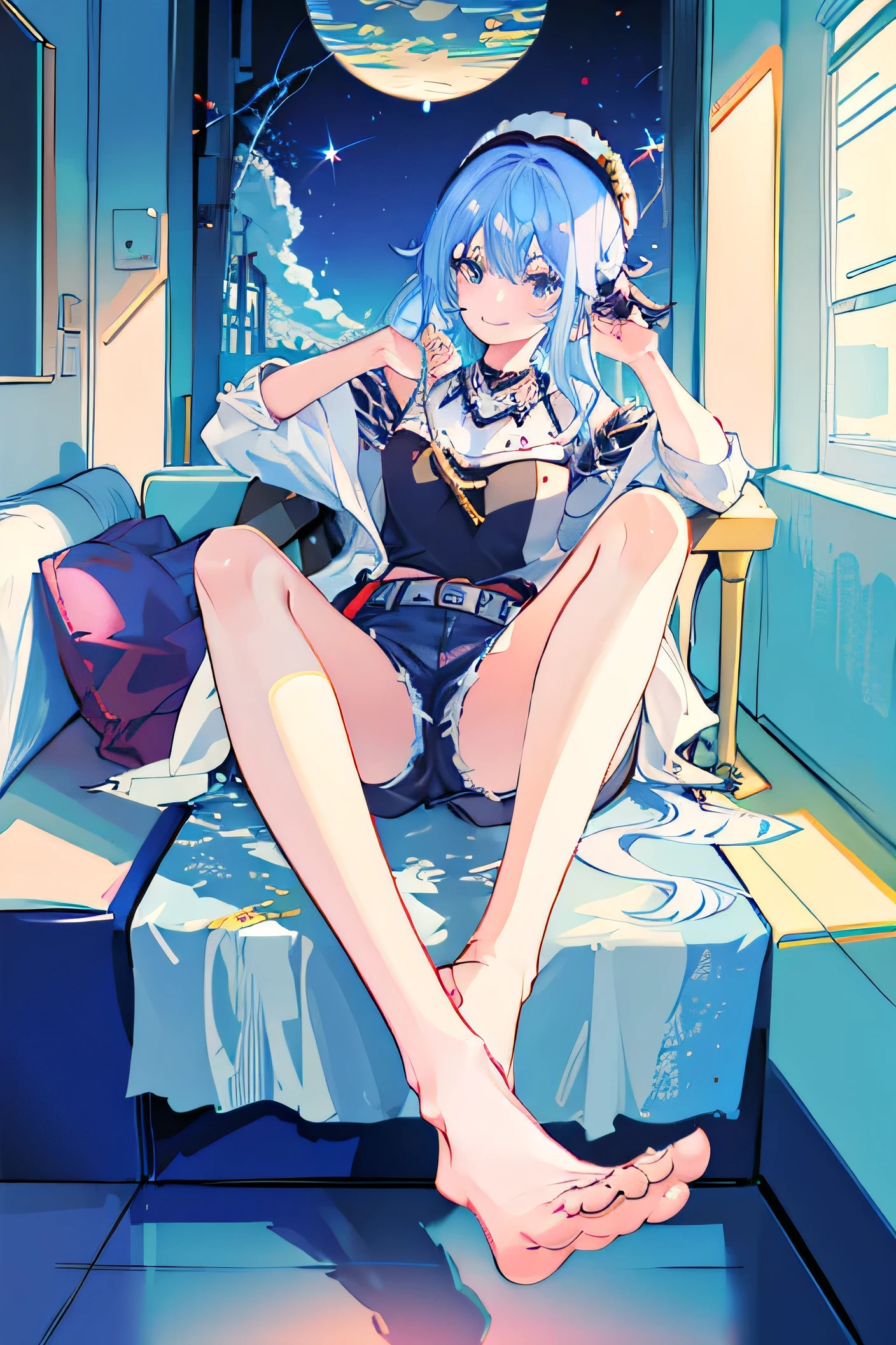 Best masterpiece, anime coloring, ultra-detail, 8k、((Sitting on the open corridor))、summer, morning, sun、White off-shoulder jeans with shorts、from below、looking down、smile,