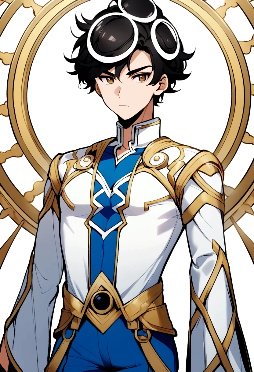cool dc comics boy with short black hair, brown eyes, white circle on his head, blue and white shirt, blue and white pants, no background