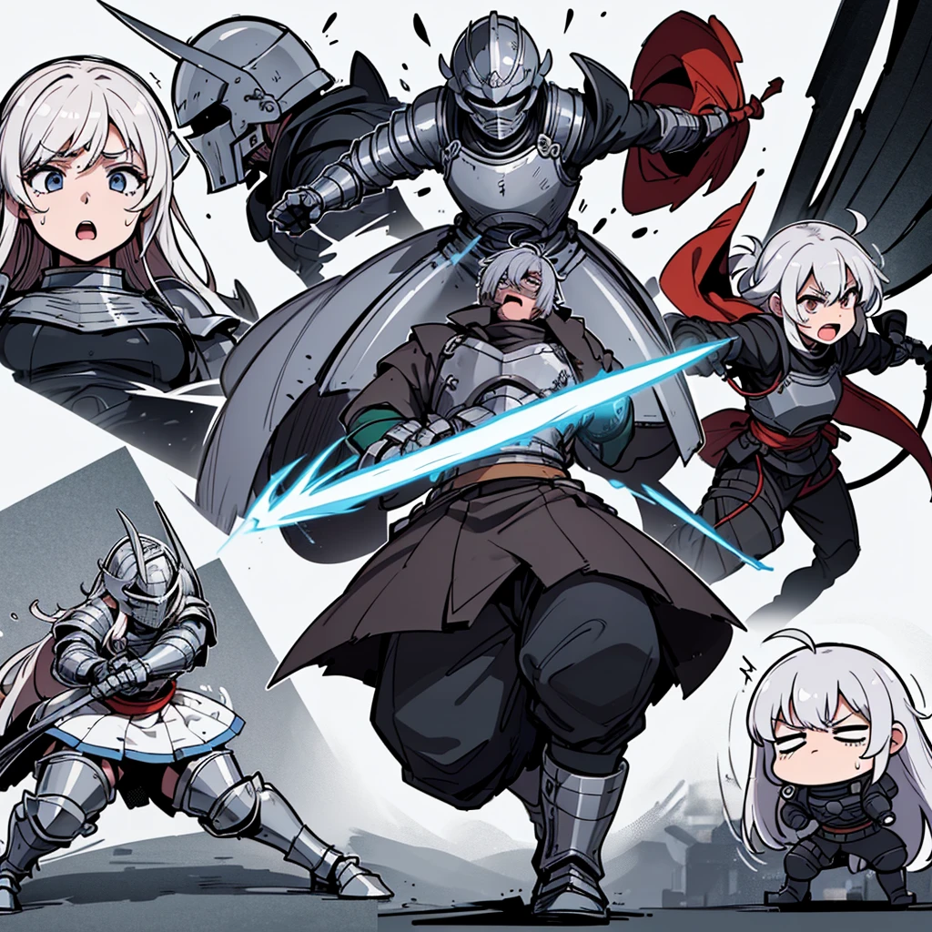 (Chibi Character)、((Full body character concept, Detailed character design、30 people))、Highest quality, Best Quality,Best illustrations、(((Iron Helmet))),Medieval Armor、Medieval Knight、Full grey armor、(((20-year-old male)))、Dramatic Angle、(battle)、battlefield、Movement angle、Grab the sword、wasteland、(Fighting stance)、Run、dash、(((White background)))、(multiple)、early、(get annoyed、Open your mouth、Sweat)