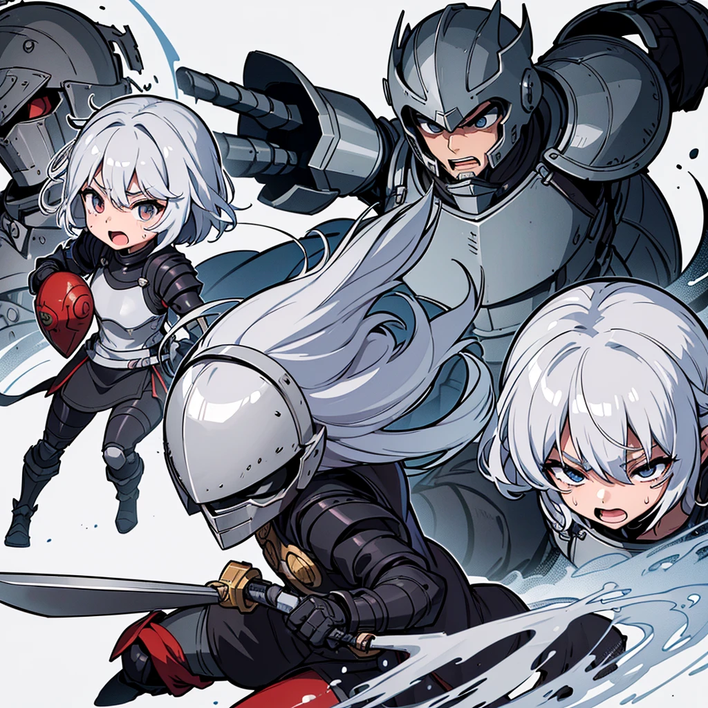 (Chibi Character)、((Full body character concept, Detailed character design、30 people))、Highest quality, Best Quality,Best illustrations、(((Iron Helmet))),Medieval Armor、Medieval Knight、Full grey armor、(((20-year-old male)))、Dramatic Angle、(battle)、battlefield、Movement angle、Grab the sword、wasteland、(Fighting stance)、Run、dash、(((White background)))、(multiple)、early、(get annoyed、Open your mouth、Sweat)