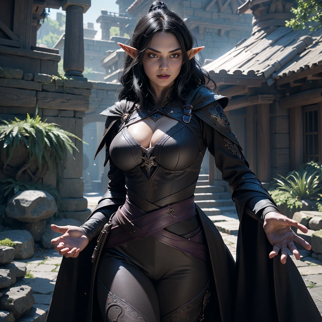 ((Best quality)), ((masterpiece)), (detailed: 1.4), 3D, (half-elf sorceress), (black hair, purple eyes:1.5, pale brown skin), (black robe, purple sleeves, grey pants, black boots and black armbands), (huge tits, big booty, short, curvy), (heavy gothic makeup), HDR (High Dynamic Range),Ray Tracing,NVIDIA RTX,Super-Resolution,Unreal 5,Subsurface dispersion, PBR texture, Post-processing, Anisotropic filtering, Depth of field, Maximum clarity and sharpness, Multilayer textures, Albedo and specular maps, Surface shading, Accurate simulation of light-material interaction, Perfect proportions, Octane Render, Two-tone lighting,Wide aperture,Low ISO,White balance,Rule of thirds,8K RAW,