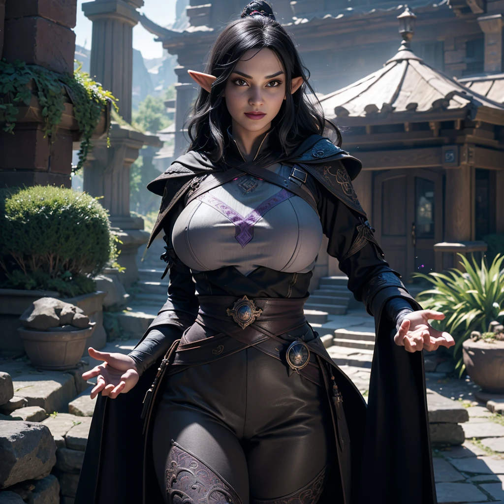 ((Best quality)), ((masterpiece)), (detailed: 1.4), 3D, (half-elf sorceress), (black hair, purple eyes:1.5, pale brown skin), (black robe, purple sleeves, grey pants, black boots and black armbands), (huge tits, big booty, short, curvy), (heavy gothic makeup), HDR (High Dynamic Range),Ray Tracing,NVIDIA RTX,Super-Resolution,Unreal 5,Subsurface dispersion, PBR texture, Post-processing, Anisotropic filtering, Depth of field, Maximum clarity and sharpness, Multilayer textures, Albedo and specular maps, Surface shading, Accurate simulation of light-material interaction, Perfect proportions, Octane Render, Two-tone lighting,Wide aperture,Low ISO,White balance,Rule of thirds,8K RAW,