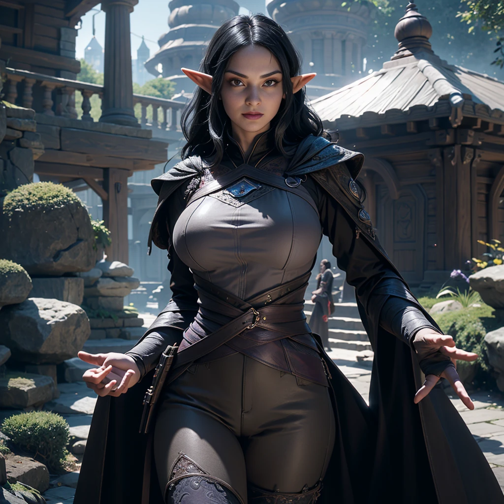 ((Best quality)), ((masterpiece)), (detailed: 1.4), 3D, (half-elf sorceress), (black hair, purple eyes:1.5, pale brown skin), (black robe, purple sleeves, grey pants, black boots and black armbands), (huge tits, big booty, short, curvy), (heavy gothic makeup), HDR (High Dynamic Range),Ray Tracing,NVIDIA RTX,Super-Resolution,Unreal 5,Subsurface dispersion, PBR texture, Post-processing, Anisotropic filtering, Depth of field, Maximum clarity and sharpness, Multilayer textures, Albedo and specular maps, Surface shading, Accurate simulation of light-material interaction, Perfect proportions, Octane Render, Two-tone lighting,Wide aperture,Low ISO,White balance,Rule of thirds,8K RAW,