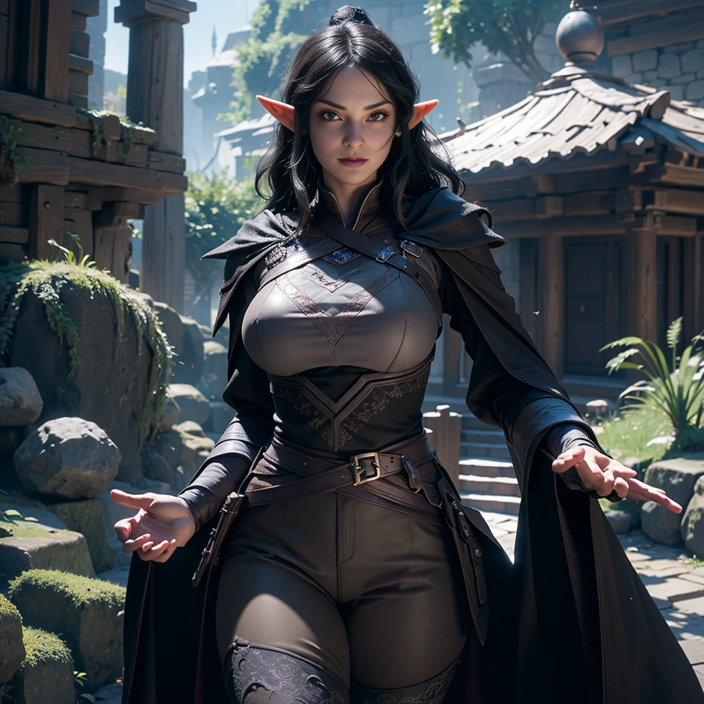 ((Best quality)), ((masterpiece)), (detailed: 1.4), 3D, (half-elf sorceress), (black hair, purple eyes:1.5, pale brown skin), (black robe, purple sleeves, grey pants, black boots and black armbands), (huge tits, big booty, short, curvy), (heavy gothic makeup), HDR (High Dynamic Range),Ray Tracing,NVIDIA RTX,Super-Resolution,Unreal 5,Subsurface dispersion, PBR texture, Post-processing, Anisotropic filtering, Depth of field, Maximum clarity and sharpness, Multilayer textures, Albedo and specular maps, Surface shading, Accurate simulation of light-material interaction, Perfect proportions, Octane Render, Two-tone lighting,Wide aperture,Low ISO,White balance,Rule of thirds,8K RAW,