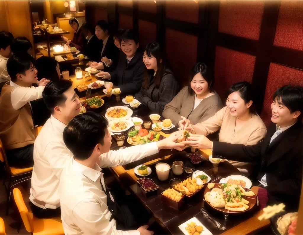 People sitting at a table with plates of food and drink々, Warm and fun atmosphere, People eating in the restaurant, Pleasant atmosphere, Everyone is having fun, Bright atmosphere, Nostalgic atmosphere, Warm atmosphere, Vibrant atmosphere, Family dinner, Rich atmosphere, Lifestyle, Tokyo&#39;s izakaya scene, Blog Photos, Festive mood, Beasts, 1 9th, customer
