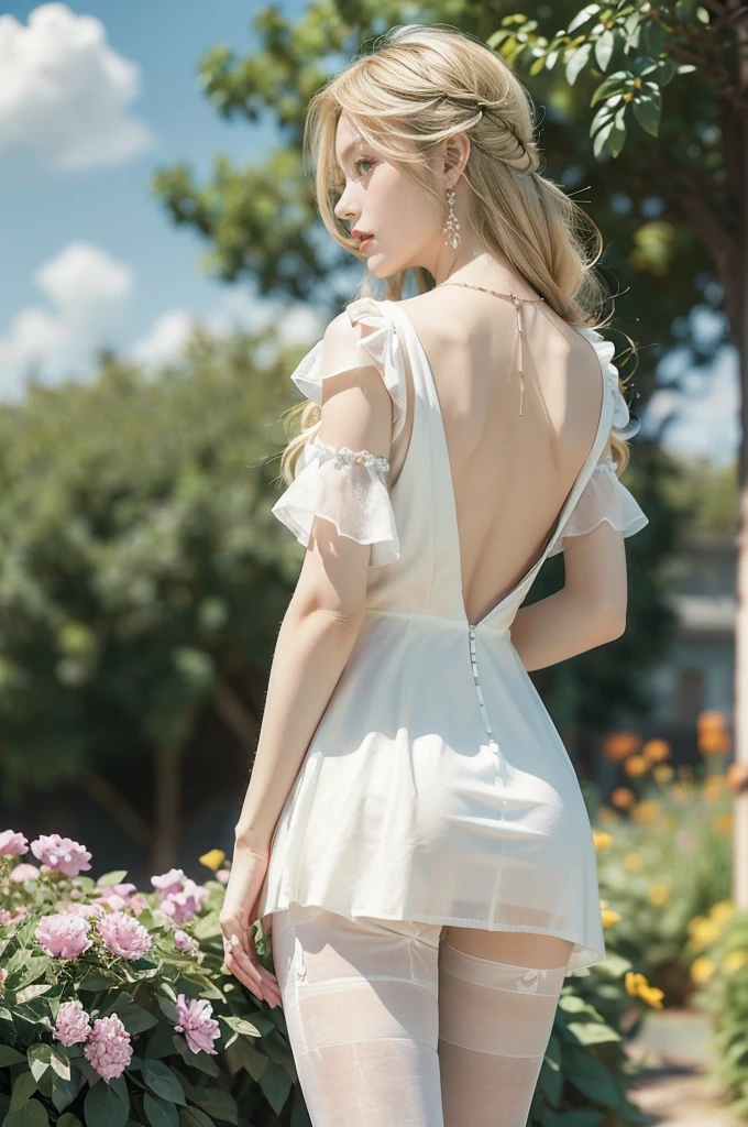 (((best quality))), (((ultra detailed))), (((masterpiece))), illustration,((1 beautiful little girl,solo,angel)),((fair skin,shoulder length straight blonde hair,blue eyes)),((slim,thin)),(earrings,crystal necklace),((bare back,towering hips,butt crack)),joyful expression,(flowing short-sleeved white sheer dress:1.3),((In heaven, garden setting)), vibrant flowers,(colorful flowers:1.3),lush grass, gentle breeze, (clear sky, fluffy clouds, shining sun),((from back,standing,upper body,thighs,pantyhose))