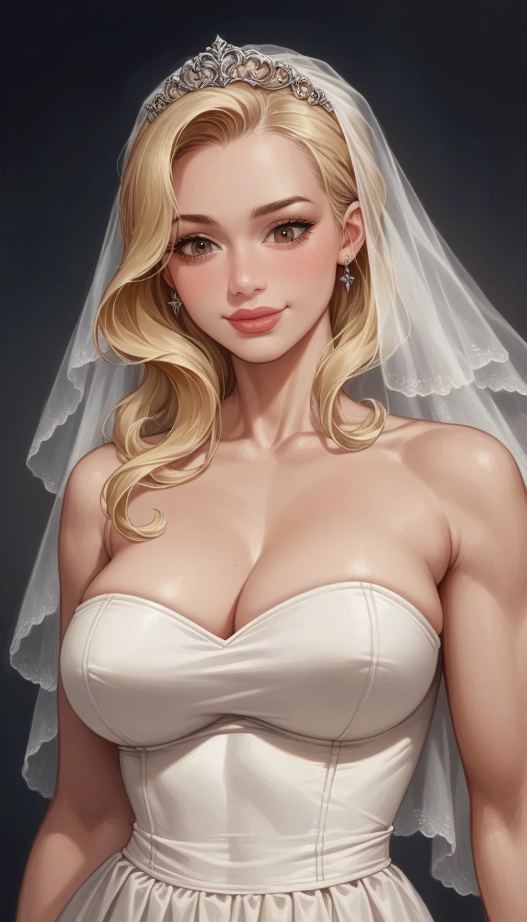 woman looking down (very muscular large breasts)(close up of a beautiful blonde bride lower angle )hyperrealistic art cinematic film still lower angle photography in the style of detailed hyperrealism photoshoot . () Extremely high-resolution details, photographic, realism pushed to extreme, fine texture, incredibly, wide smile big lips, (very muscular with long neck)
