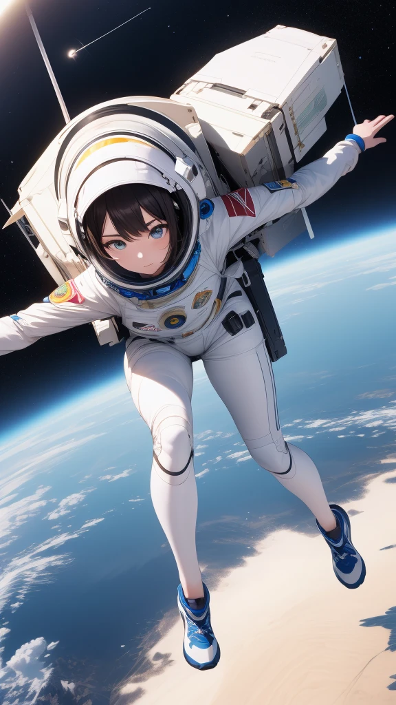 An absurd solution, High resolution, (masterpiece:1.4), Super detailed, One girl, in spacesuit, View from above, space, floating, satellite, Running pose, Wide angle lens distortion.