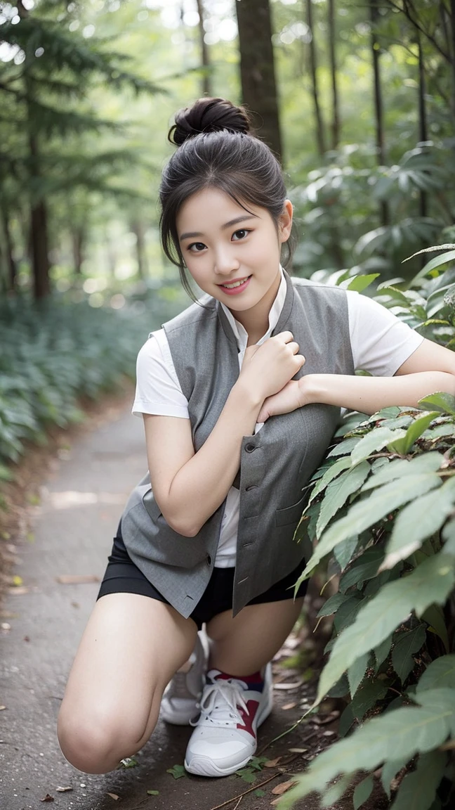 masterpiece, best quality, Surreal, Ultra Detailed, 8k resolution, RAW photos, Clear focus, (A girl in the forest), ((( Feminine Light Grey Vest Shirt:1.2)、)), Short sleeve, sports Shorts,Full body posture, Solitary, Perfect body, Become a, 32 inches in the chest,(a charming smile:1), (sexy pose),26 years old, light,((White shoes))