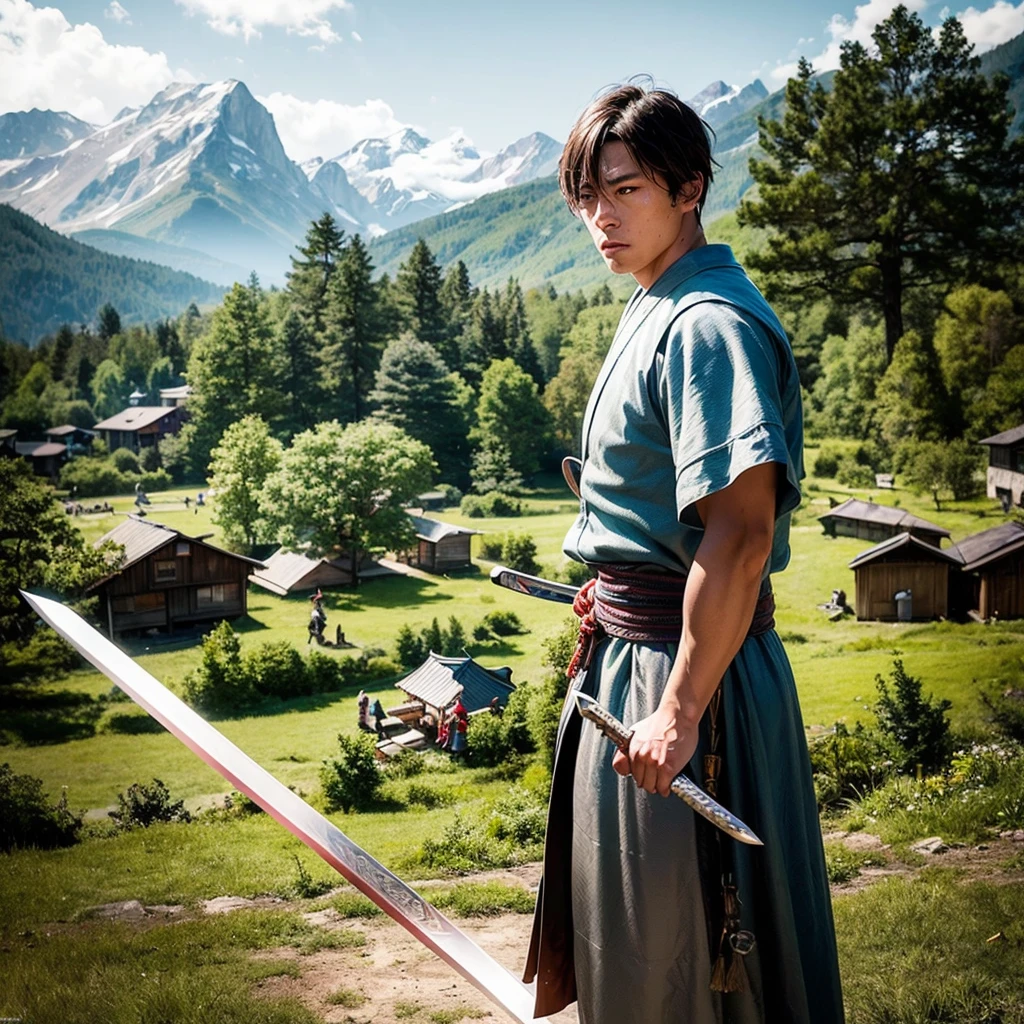 masterpiece, Very detailed, Ultra-realistic, Detailed Background, Bright lighting, lighting,, (A swordsman fighting bandits in a square surrounded by forest), (Mountain hut), (Wide-angle),