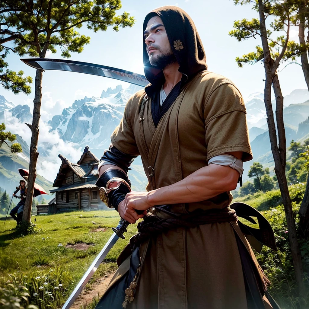 masterpiece, Very detailed, Ultra-realistic, Detailed Background, Bright lighting, lighting,, (A swordsman fighting bandits in a square surrounded by forest), (Mountain hut), (Wide-angle),
