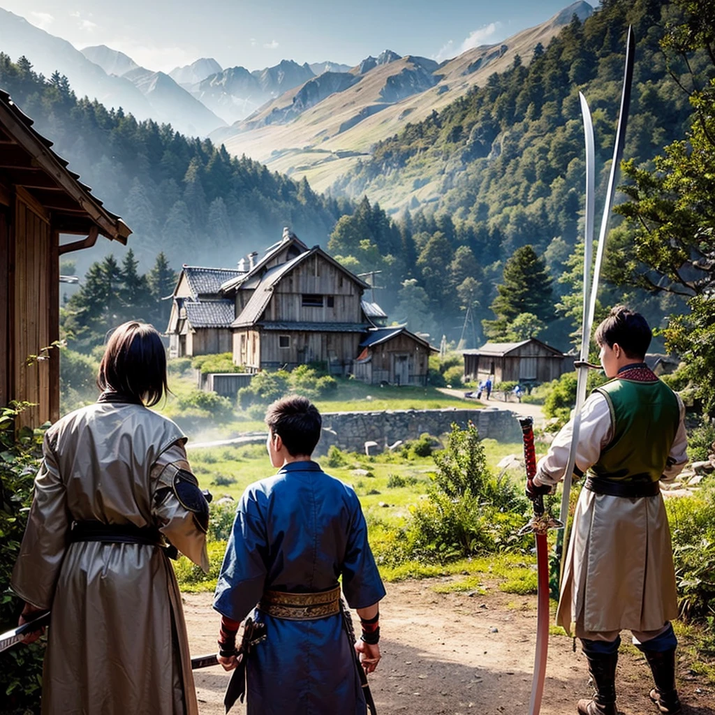 masterpiece, Very detailed, Ultra-realistic, Detailed Background, Bright lighting, lighting,, (A swordsman fighting bandits in a square surrounded by forest), (Mountain hut), (Wide-angle),