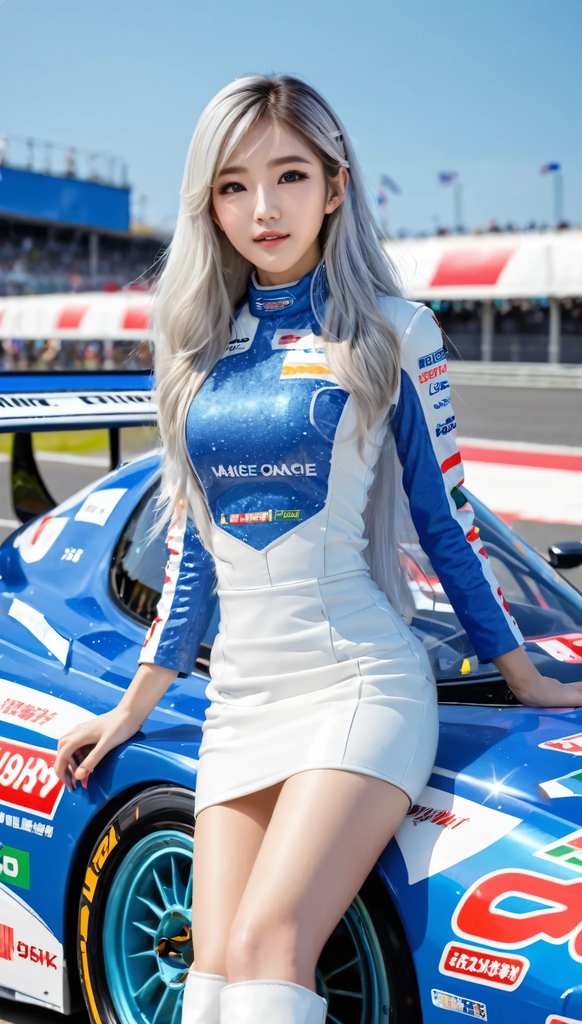 Highest quality, Super quality, 16K, Incredibly absurd, Very detailed, 2.5D, delicate and dynamic, blue sky, Confetti, Racing Car, Flag, Small face, Extremely delicate facial expression, Delicate eye depiction, Extremely detailed hair, Upper body close-up, erotic, sole sexy Japanese lady, healthy shaped body, 22 years old lady, Race Queen,  huge firm bouncing busts, white silver long hair, sexy long legs, Glowing Skin, , 派手なRace Queenのコスチューム, blue tight skirt, white leather long boots, Formula 1, Auto Racing Track