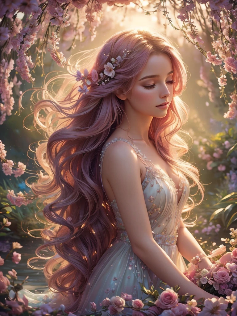 soft lighting, dreamy atmosphere, ethereal aesthetic, fantasy theme, nature elements, floral background, delicate details, flowing hair, whimsical pose, vibrant colors, close up