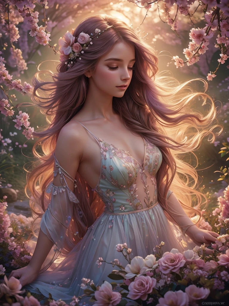 soft lighting, dreamy atmosphere, ethereal aesthetic, fantasy theme, nature elements, floral background, delicate details, flowing hair, whimsical pose, vibrant colors, close up