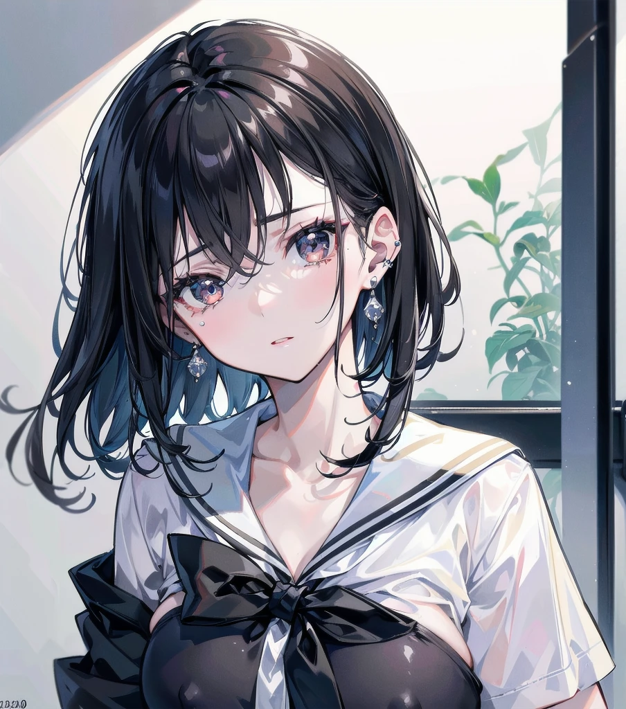 absurdres, RAW photo, extremely delicate and beautiful, masterpiece, Best Quality, ultra high resolution, 32k, hyperrealistic, ultra-detailed, in her 20s, delicate facial features, tearful mole, earring, medium breasts, full body shot, shorter middle hair, black hair, solo, alone, 1girl, ((school uniform)), blazer,