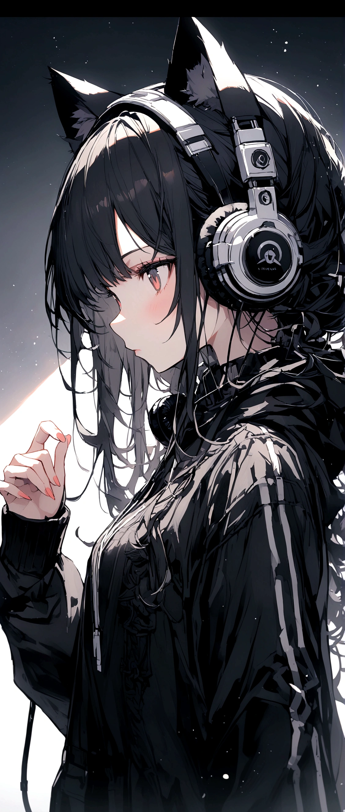 Black Hair、Black、Headphones with cat ears、Girl