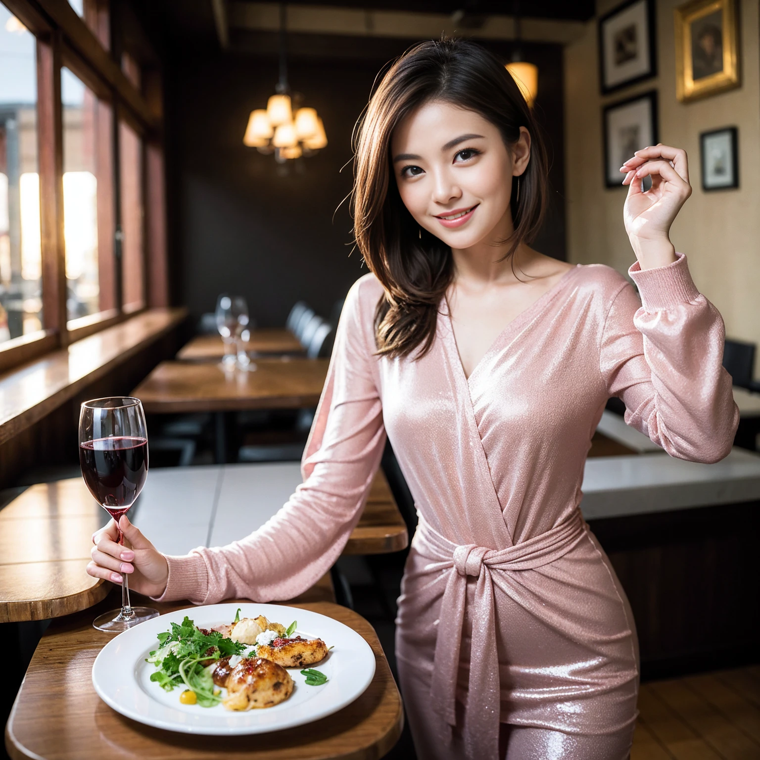 ((Highest quality、8K、masterpiece:1.3))、slimカップル、Pink rubber、modelカップル、(Realistic, Intricate details:1.2), full-course dinner、Wine Party、Amazing view of the sunset sky and clouds、A bright smile、The wonderfulness of smile、Bright image、The beauty of wine, Beautiful Face, blue eyes, The light shines on your face, Blushing, short hair,Bright Face、 (Age 44), 39 years old, red wine 、Appetizers、Italian food、Wine bottle、Champagne、sparkling wine、Two beauties、Brown Hair、Shortcuts、Long sleeve shirt、dress、Beautiful woman 1, (slimな顔), (The body is slim), (Brown Hair), (Shortcuts), cheeks turn a little red,Attractive beauty、restaurant, In a prominent place (From the waist up) Nova Frog Style, actress, model, Upper Body, White wine, slim, wine glass, 中央に置かれたwine glass, smile, (smile: 1.15), Beautiful fine grain, Depth f/2,saturation, High Contrast, Strong light and shadow,Moist Body:1.5、3D texture、Delicate eyes、Brown Hair、The hair is very shiny、