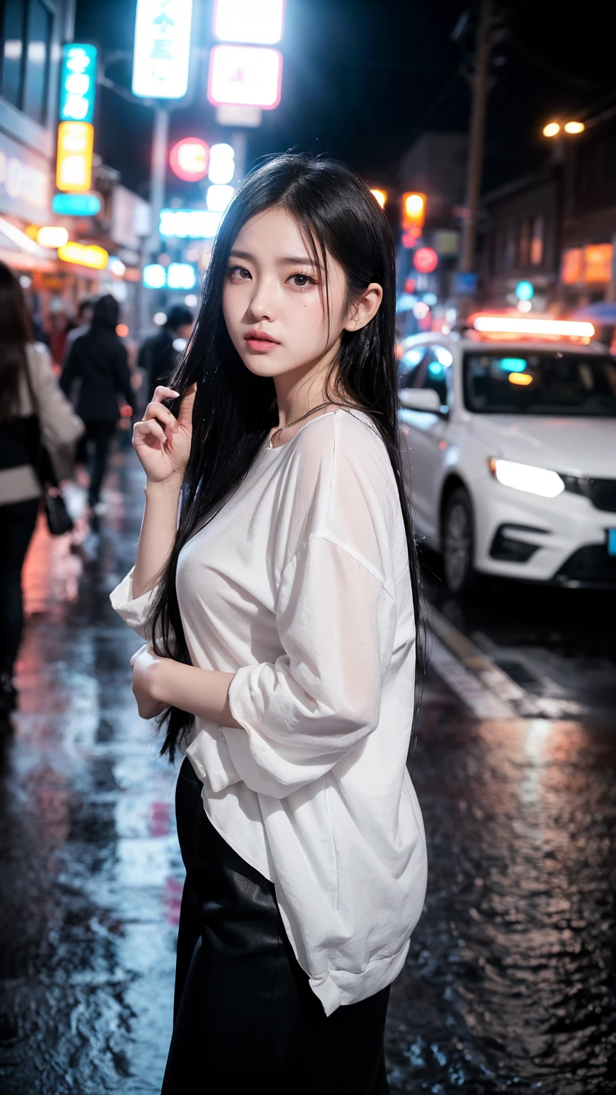 1人of女of子,alone,Long Hair,Rough skin,From above,Face Focus,(View your viewers:1.2),Wet Hair,dark,Polaroid,(depth_of_Field:1.5),雨of日,Outdoor,street,目of間of毛,Moody lighting,Tyndall effect,Cinema Lighting,night,lamp post,Lens flare,Available Light,Rim Light,Shining neon lights,Curvy,Street fashion,韓国of女of子,cool,