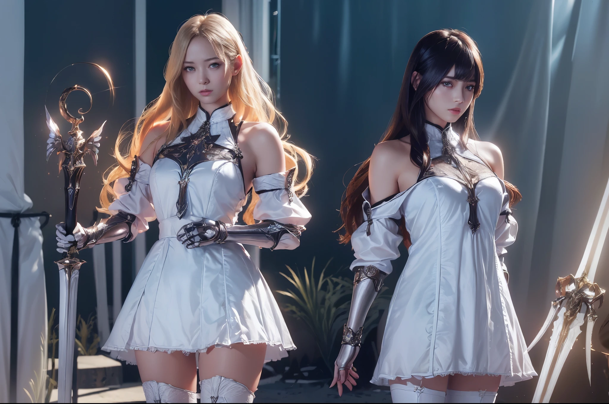 top quality、masterpiece、Very high resolution、(Photorealistic: 1.4)、Raw photo、2 girls, long straight blond hair cut in a bob, light blue eyes,(beautiful breasts)、glowing skin、(((beautiful faces European detailed)))、With a beautiful sword and shield、magnificent and resplendent luminous angel wings,(Beautiful silver sexy armor、(((random hair))),(((Beautiful legs))), (Proportionate breasts)、Seductive gaze、(Background of decaying dungeon ruins)、(Ultimate beauty)、(Detailed and realistic beauty face)、(Fighting demonic beasts)、(Small LED)、((Details super realistic))、Portlate、(Strong giant demonic beast background), Global lighting, shadow, octan rendering, 8K, ultra-sharp, raw skin exposed in neckline, metals, intricate ornament details, highly intricate details, light realistic (mystical expression), CGSoation trend, brilliant. eyes、Face the camera)、Gundam、Small LED
