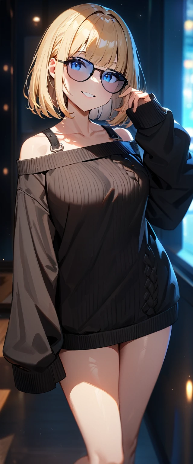 (((One girl))), blond hair, ((sunglasses, hand to sunglasses)), ((one hand on hip)), (bob cut:1.3)), breasts, cleavage, (cowboy shot), standard body, (looking at viewer), oversized clothes, puffy long sleeves, collarbone, ((off-shoulder sweater dress:1.3, Quite thick shoulder straps)), (((sleeves past wrists:1.3))), ((black sweater)), ((aran sweater)), teenager, head tilt:1.3, (((blue eye))), ((happy smile)), (((anime style))), (best quality, 4k, 8k, highres, masterpiece:1.2, ultra-detailed, ultra-detailed eyes, HDR, UHD, studio lighting, ultra-fine painting, sharp focus, physically-based rendering, extreme detail description, professional, vivid colors, bokeh), ((Highest quality, Best image quality, Ultra-high resolution, Ultra-high resolution, solo, Strong eye highlights)), Depth of written boundary, Natural soft light, attractive, Beautiful Face, Cleanliness, Pure Face, nedium chest, Beautiful Face, Perfect Fingers, Perfect hands, Perfect body, Perfect Face, Shine a light into your eyes, Perfect Anatomy