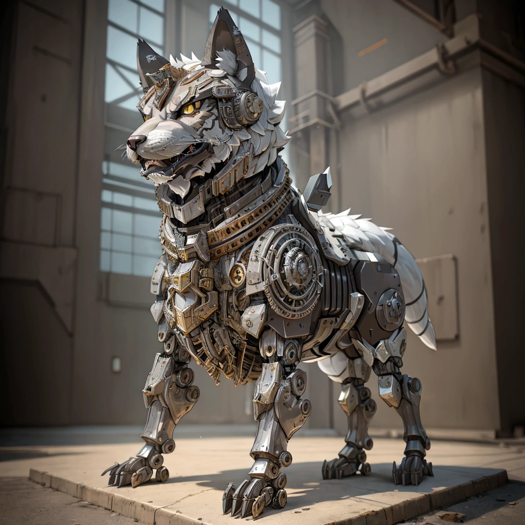 The building has a metal wolf statue on its base., Armored Catの仲間, husky in shiny armor, Armored Cat, Steampunk Wolf Cyborg Wolf, rendered in redshift, Steampunk ferret - a shaped mecha, Robot Lion, Industrial Machine Robot Wolf, Highly detailed rendering, Good Giant Mechanical Wolf, Detailed and complex rendering, Expressed in 3D rendering、Right facing、