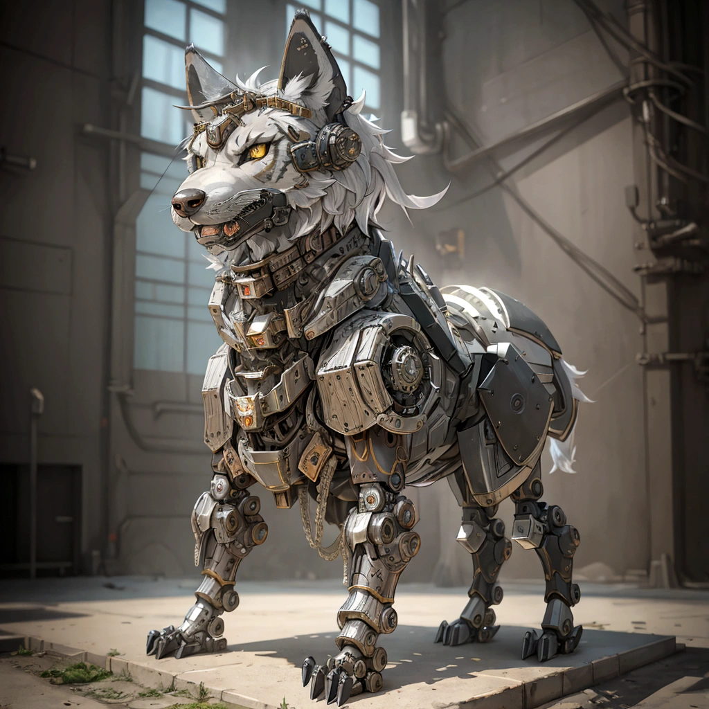 The building has a metal wolf statue on its base., Armored Catの仲間, husky in shiny armor, Armored Cat, Steampunk Wolf Cyborg Wolf, rendered in redshift, Steampunk ferret - a shaped mecha, Robot Lion, Industrial Machine Robot Wolf, Highly detailed rendering, Good Giant Mechanical Wolf, Detailed and complex rendering, Expressed in 3D rendering、Right facing、