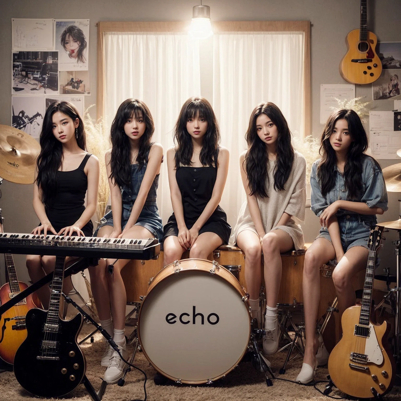 **Photo of 5 beautiful girls, aged 18 to 20, sitting:**
- **3 girls with messy black hair**
- **1 girl with wavy bob black hair**
- **1 girl with a black ponytail**
One girl is playing the drums, one girl is playing the piano, one girl is playing the bass guitar, one girl is playing the guitar, and one girl is singing. They are sitting behind a board with the word "ECHO" written on it. The background is a music studio, complete with drums, guitars, bass guitar, and piano. The image is ultra HD, 4k, photorealistic, raw, and a masterpiece.