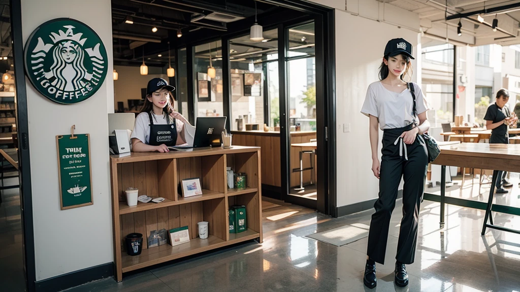 A girl wearing a green apron for Starbucks employees,White shirt,Black pantsuit,Black baseball cap on head,Working at a Starbucks workstation, Rim Light,Upper body, clavicle, face, Idol, Depth of written boundary, Tilt, Reflexive,
(((Full body photo)))