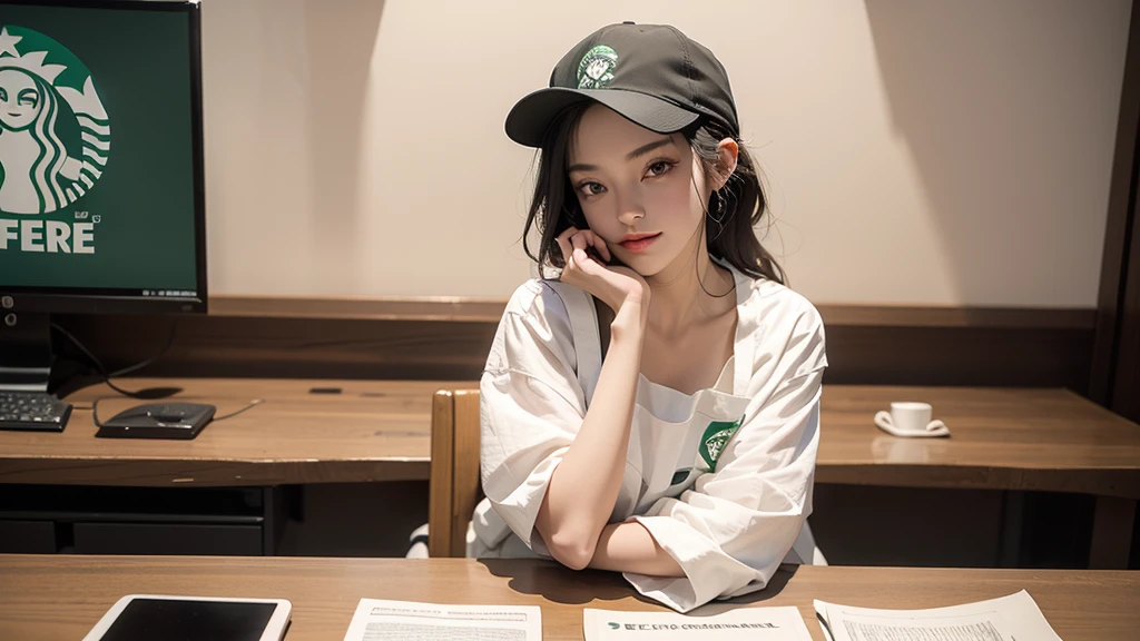 A girl wearing a green apron for Starbucks employees，White shirt，Black pantsuit，Black baseball cap on head，Working at a Starbucks workstation， Rim Light，Upper body， clavicle， face， Idol， Depth of written boundary， Tilt， Reflexive，
(((Full body photo)))