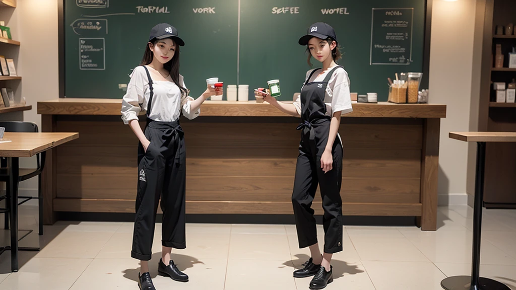 A girl wearing a green apron for Starbucks employees，White shirt，Black pantsuit，Black baseball cap on head，Working at a Starbucks workstation， Rim Light，Upper body， clavicle， face， Idol， Depth of written boundary， Tilt， Reflexive，
(((Full body photo)))