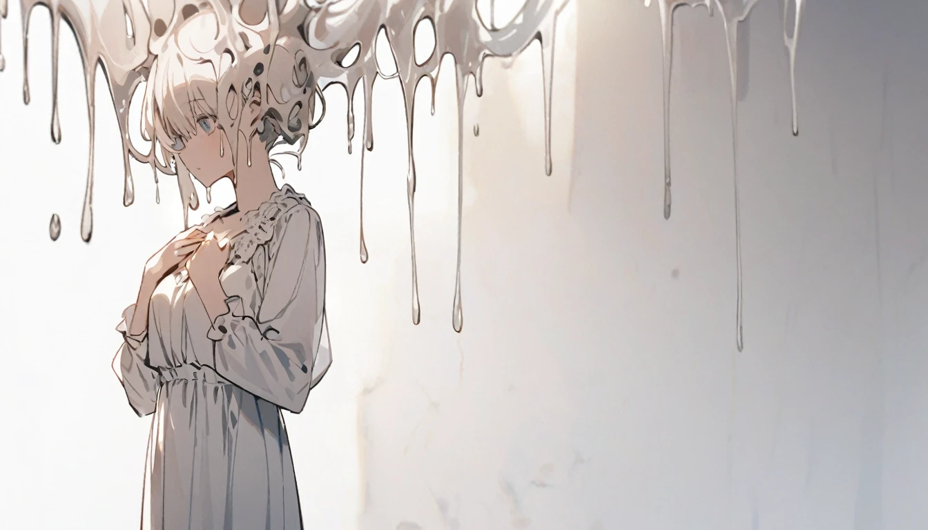 A woman with a liquid upper body、 My head is melting, Liquid Head, alone,stop temporarily, whole body, blouse,Pure white room、Place your hands on your chest、Hold the mobile、There&#39;s a knife stuck in my chest、There is a book embedded in his right shoulder.
