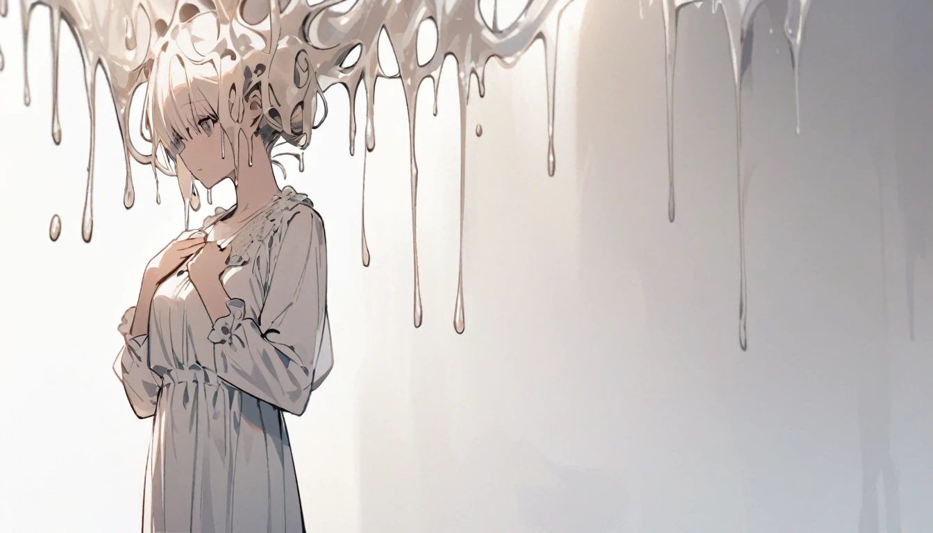 A woman with a liquid upper body、 My head is melting, Liquid Head, alone,stop temporarily, whole body, blouse,Pure white room、Place your hands on your chest、Hold the mobile、There&#39;s a knife stuck in my chest、There is a book embedded in his right shoulder.