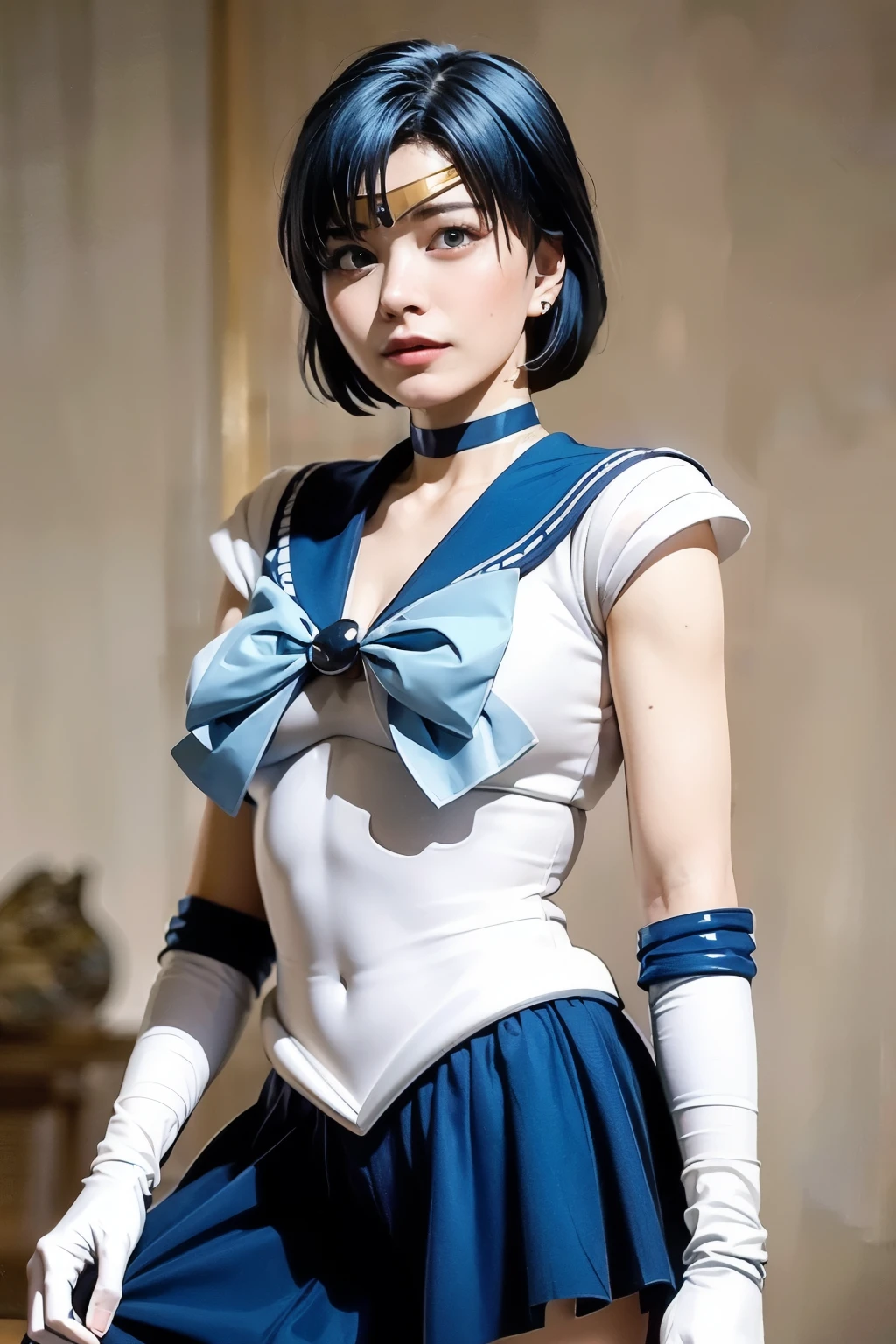 (realistic, photo-realistic:1.4), (best quality,masterpiece:1.2), RAW photo, high resolution, intricate details, extremely detailed, realistic and sharp details, cinematic lighting, portrait, solo, 1girl, sailor mercury, mer1, AmiMizuno, a Japanese female idol wearing a sailor senshi uniform, smuniform, (jewelry, circlet, crescent earrings, blue sailor collar, neck ribbon, blue knee boots, white elbow gloves, blue choker, blue skirt), (short hair, blue hair:1.5), seductive pose, detailed face, detailed eyes, pale skin, fine-textured skin, (perfect anatomy, prefect hands), octane rendering, goddess of water,