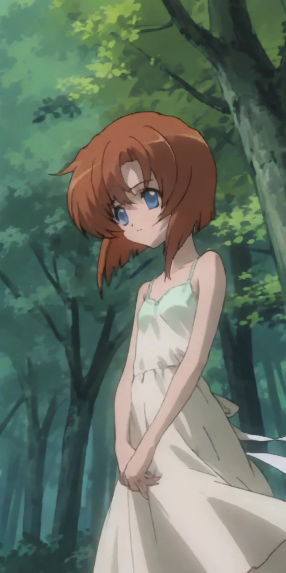 One girl,Beautiful views,(masterpiece、Highest quality),Short Hair,Orange Hair,White dress,barefoot,camisole,Blue eyes、in the forest、,Looking down
