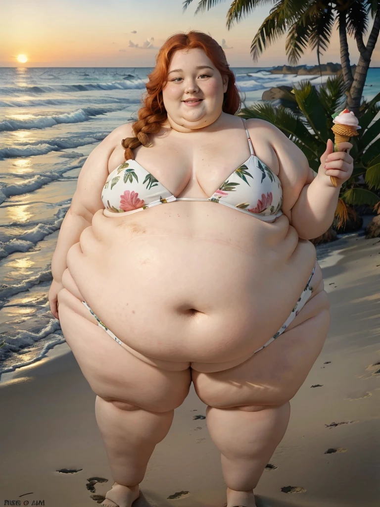 A beautiful tropical oasis beach photo of a young happy cute beautiful redhead pear-bodyshaped ssbbw with long single-braided hair soft fat belly, cute double-chin, very wide fat obese hips, very obese legs, thick fat wide legs and fat arms, cute pretty face, small breasts, blue eyes, freckles, in a bikini, holding a huge Ice Cream, on a beautiful beach full of palm trees at sunset