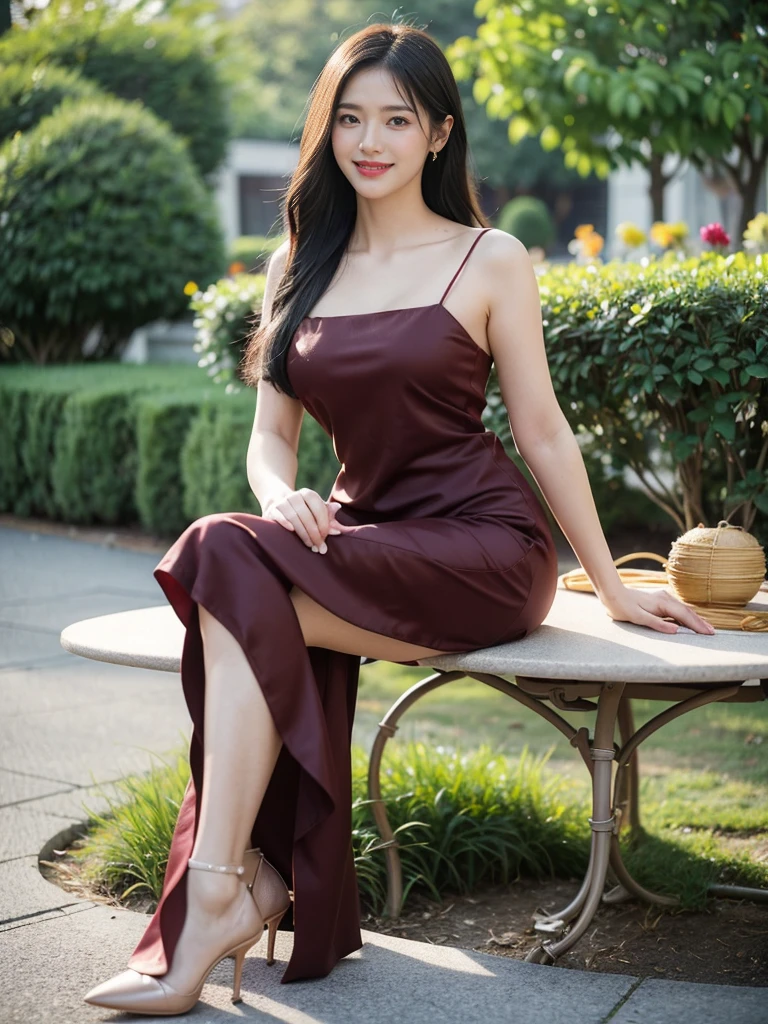 最high quality, 8K, Masseter area, Full of energy, Be focused, high quality, high resolution, Delicate face, Fine particles, thick lips, (Looking at the audience), solitary, Beautiful woman, 25 years old,Full figure， Plum, Black long hair,  (Light-colored spaghetti-strap twill dress:1.5)，Sexy，In front of the park garden,（Sitting on a chair in the park：1.5）、blur background，((Smile:1.5))、((Wearing black high heels))，High target