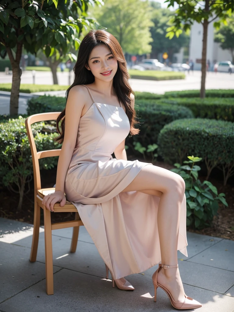 最high quality, 8K, Masseter area, Full of energy, Be focused, high quality, high resolution, Delicate face, Fine particles, thick lips, (Looking at the audience), solitary, Beautiful woman, 25 years old,Full figure， Plum, Black long hair,  (Light-colored spaghetti-strap twill dress:1.5)，Sexy，In front of the park garden,（Sitting on a chair in the park：1.5）、blur background，((Smile:1.5))、((Wearing black high heels))，High target