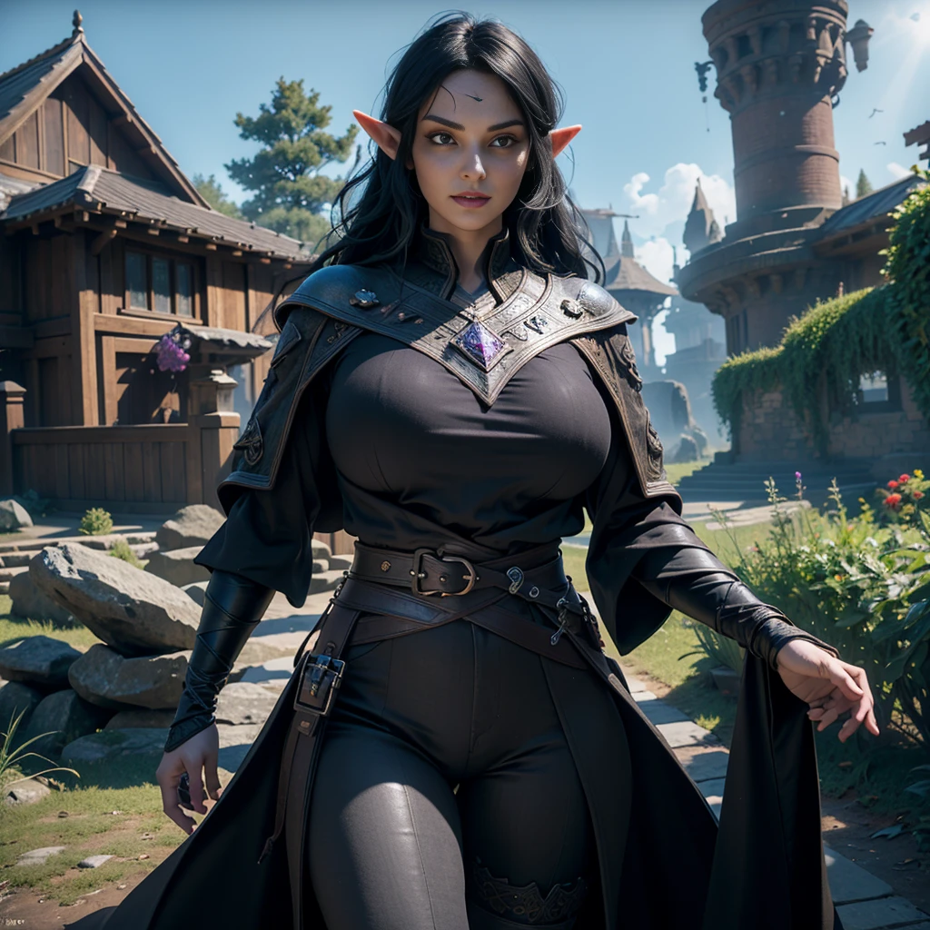 ((Best quality)), ((masterpiece)), (detailed: 1.4), 3D, (half-elf sorceress), (black hair, purple eyes:1.5, pale brown skin), (black robe, purple sleeves, grey pants, black boots and black armbands), (huge tits, big booty, short, curvy), (heavy gothic makeup), HDR (High Dynamic Range),Ray Tracing,NVIDIA RTX,Super-Resolution,Unreal 5,Subsurface dispersion, PBR texture, Post-processing, Anisotropic filtering, Depth of field, Maximum clarity and sharpness, Multilayer textures, Albedo and specular maps, Surface shading, Accurate simulation of light-material interaction, Perfect proportions, Octane Render, Two-tone lighting,Wide aperture,Low ISO,White balance,Rule of thirds,8K RAW,