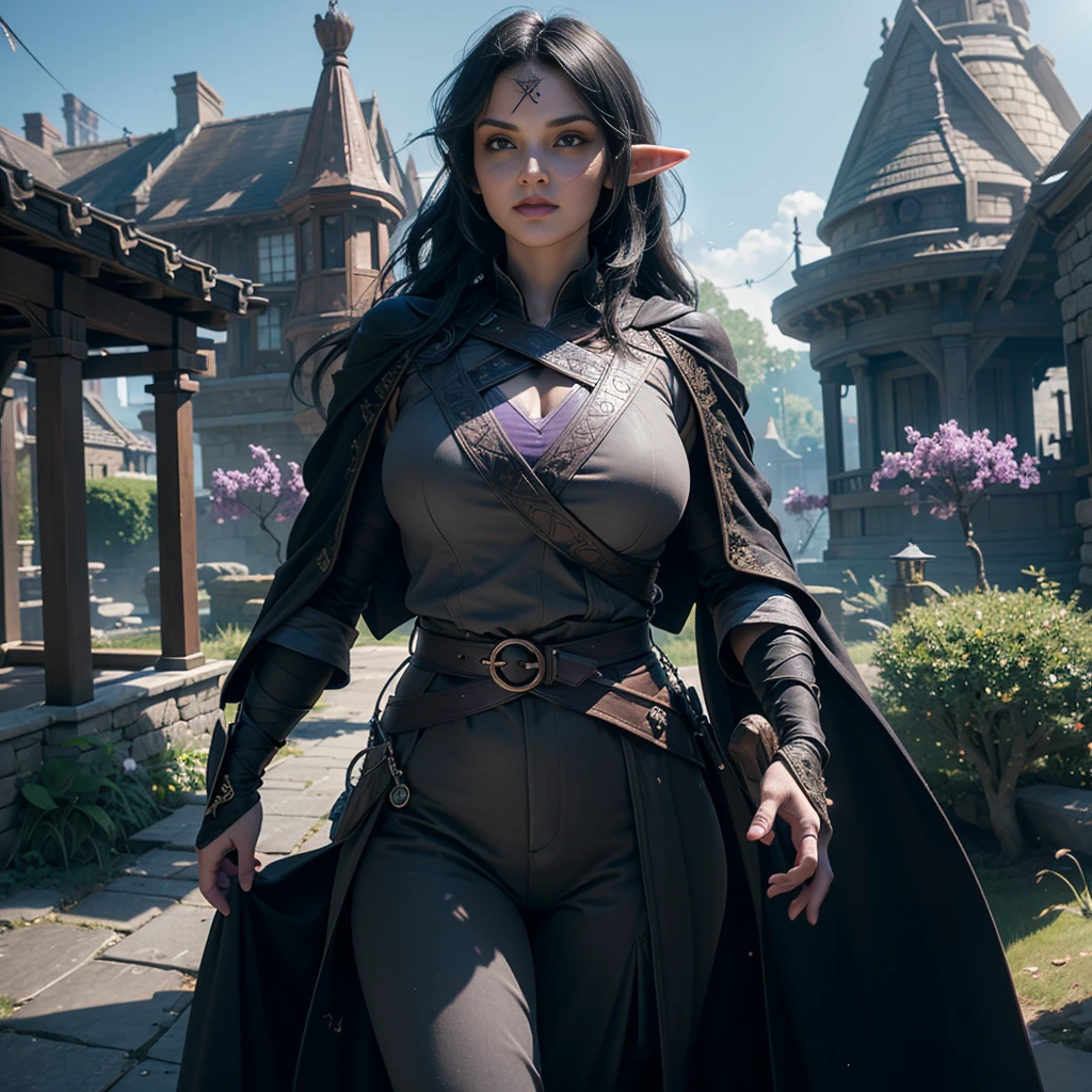 ((Best quality)), ((masterpiece)), (detailed: 1.4), 3D, (half-elf sorceress), (black hair, purple eyes:1.5, pale brown skin), (black robe, purple sleeves, grey pants, black boots and black armbands), (huge tits, big booty, short, curvy), (heavy gothic makeup), HDR (High Dynamic Range),Ray Tracing,NVIDIA RTX,Super-Resolution,Unreal 5,Subsurface dispersion, PBR texture, Post-processing, Anisotropic filtering, Depth of field, Maximum clarity and sharpness, Multilayer textures, Albedo and specular maps, Surface shading, Accurate simulation of light-material interaction, Perfect proportions, Octane Render, Two-tone lighting,Wide aperture,Low ISO,White balance,Rule of thirds,8K RAW,