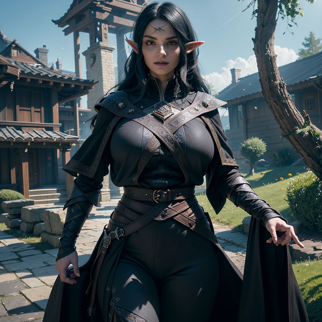 ((Best quality)), ((masterpiece)), (detailed: 1.4), 3D, (half-elf sorceress), (black hair, purple eyes:1.5, pale brown skin), (black robe, purple sleeves, grey pants, black boots and black armbands), (huge tits, big booty, short, curvy), (heavy gothic makeup), HDR (High Dynamic Range),Ray Tracing,NVIDIA RTX,Super-Resolution,Unreal 5,Subsurface dispersion, PBR texture, Post-processing, Anisotropic filtering, Depth of field, Maximum clarity and sharpness, Multilayer textures, Albedo and specular maps, Surface shading, Accurate simulation of light-material interaction, Perfect proportions, Octane Render, Two-tone lighting,Wide aperture,Low ISO,White balance,Rule of thirds,8K RAW,