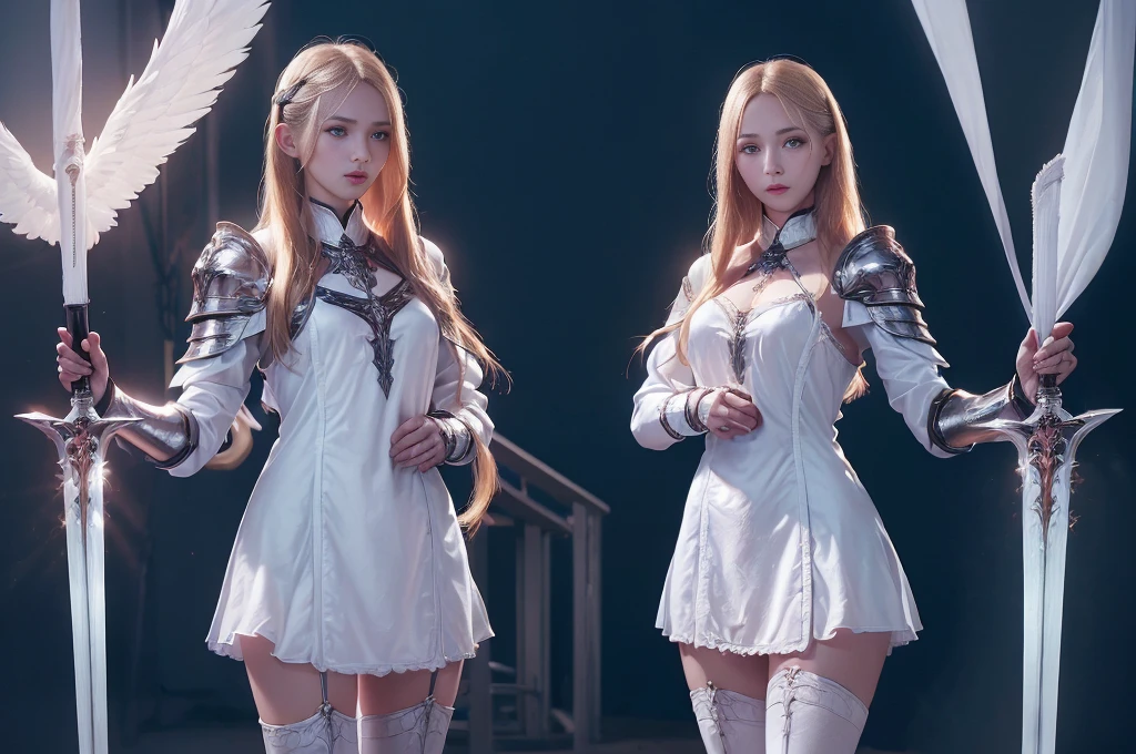 top quality、masterpiece、Very high resolution、(Photorealistic: 1.4)、Raw photo、2 girls, long straight blond hair cut in a bob, light blue eyes,（beautiful breasts）、glowing skin、(((beautiful faces European detailed)))、With a beautiful sword and shield、magnificent and resplendent luminous angel wings,（Beautiful silver sexy armor、(((random hair))),(((Beautiful legs))), (Proportionate breasts）、Seductive gaze、(Background of decaying dungeon ruins)、(Ultimate beauty)、(Detailed and realistic beauty face)、(Fighting demonic beasts)、(Small LED)、((Details super realistic))、Portlate、(Strong giant demonic beast background), Global lighting, shadow, octan rendering, 8K, ultra-sharp, raw skin exposed in neckline, metals, intricate ornament details, highly intricate details, light realistic (mystical expression), CGSoation trend, brilliant. eyes、Face the camera)、Gundam、Small LED