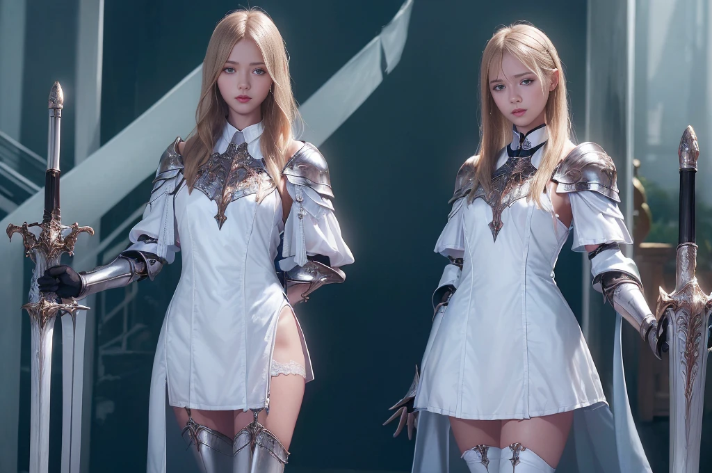 top quality、masterpiece、Very high resolution、(Photorealistic: 1.4)、Raw photo、2 girls, long straight blond hair cut in a bob, light blue eyes,(beautiful breasts)、glowing skin、(((beautiful faces European detailed)))、With a beautiful sword and shield、magnificent and resplendent luminous angel wings,(Beautiful silver sexy armor、(((random hair))),(((Beautiful legs))), (Proportionate breasts)、Seductive gaze、(Background of decaying dungeon ruins)、(Ultimate beauty)、(Detailed and realistic beauty face)、(Fighting demonic beasts)、(Small LED)、((Details super realistic))、Portlate、(Strong giant demonic beast background), Global lighting, shadow, octan rendering, 8K, ultra-sharp, raw skin exposed in neckline, metals, intricate ornament details, highly intricate details, light realistic (mystical expression), CGSoation trend, brilliant. eyes、Face the camera)、Gundam、Small LED