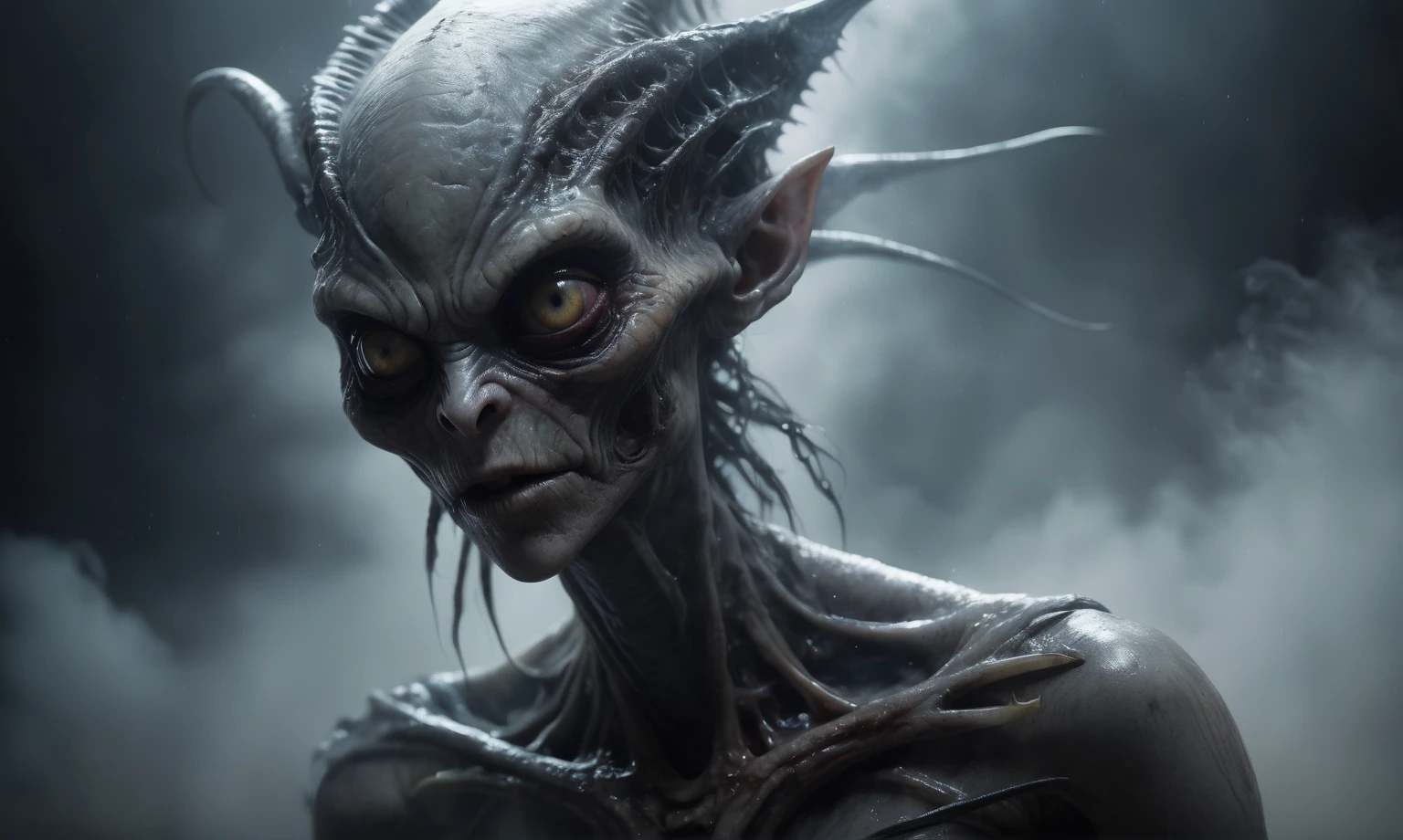 full body length,niobium goblin,native africa xenomorph,once pretty face,eyebrow up,full body shot,ominous landscape,niobium gray atmosphere,photo,photorealism,Masterpiece,hyper natural skin textures, hyper realism,hyper detailed,High contrast,Realism,Ultra Detailed,irina yermolova,close full body shot,32K resolution,Nikon Z9, ,demonic, fog, smoke, audience, mist, featuring ultra-realistic and hyper-realistic elements,
  Marta Bevacqua, Ellen Jewett, Kawacy, Katsuya Terada, Carne Griffiths,concert lighting,  bokeh,  luminal space that feels
 both bright and surreal. Includes liquid fluid elements for added depth and movement. Rendered in an unreal 
engine and post-processed to achieve . Evokes a sense of dreamy, ethereal 
and mystical mood,horror pixar movie still,thriller disney movie ,pixar render, animated ,suicide